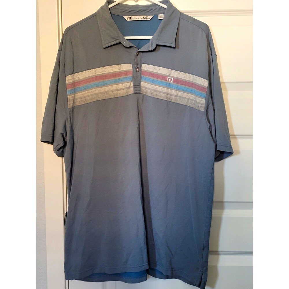 Travis Mathew Men’s XL Gray/Blue Striped Short Sleeve Polo Shirt Button Logo